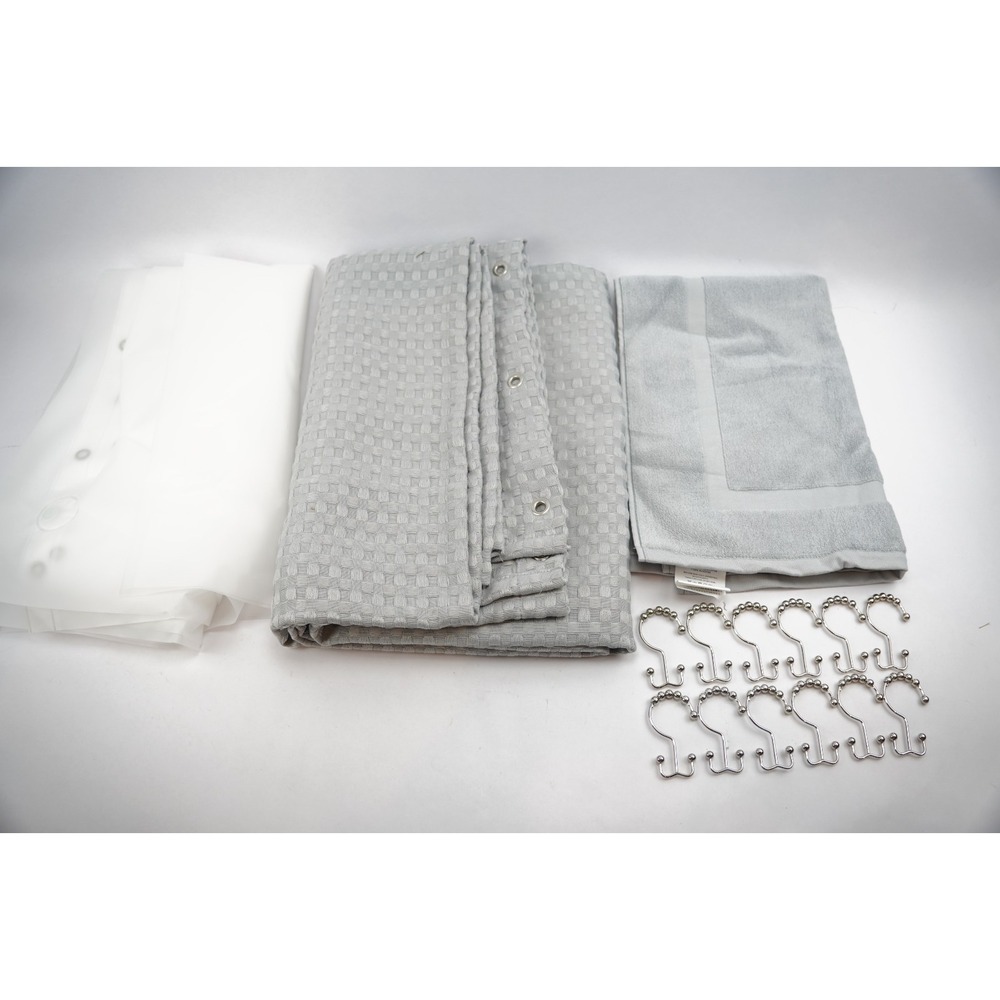VGC Essential Spa 4 Piece Bath Set Curtain Floor Mat Liner Hooks Gray